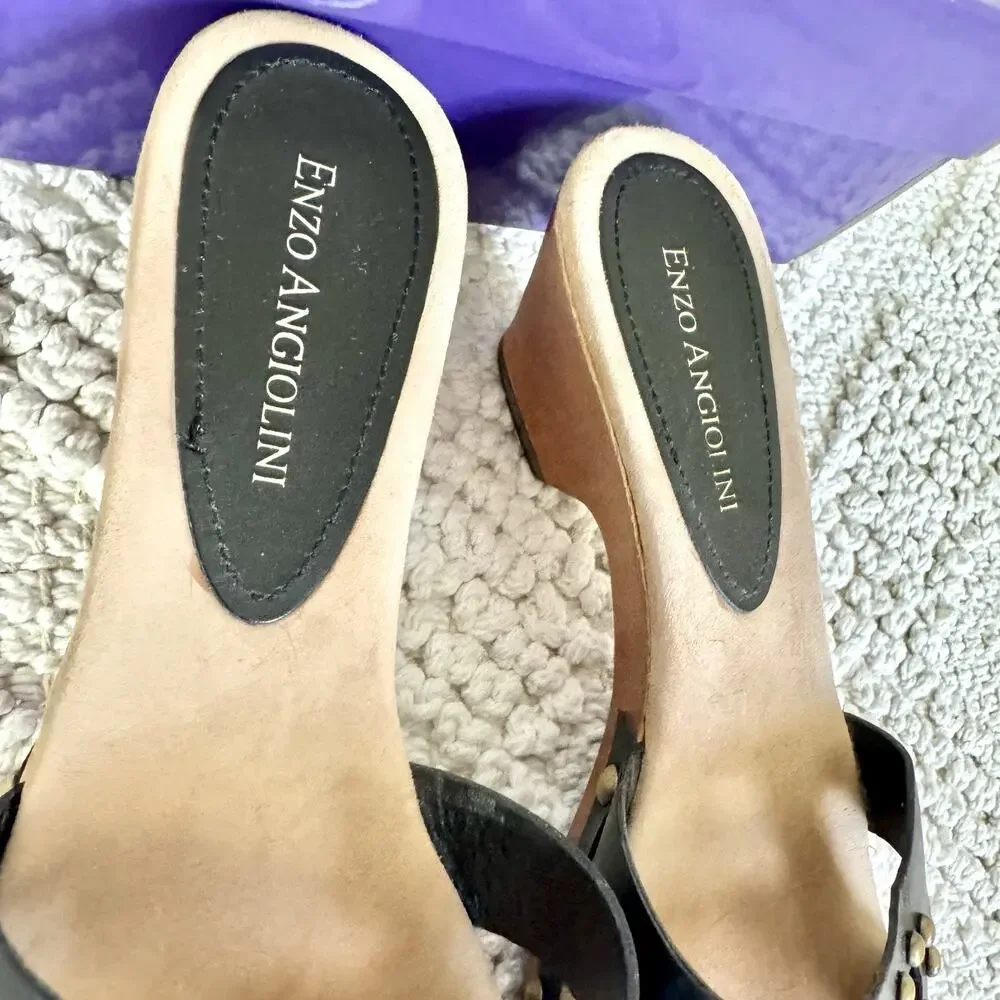 Enzo Angiolini Womens 5.5 Black Sandals Wood Heel Slide On Strap Fashion Y2k 90s
